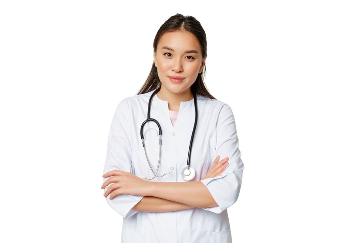 Potret dokter wanita tersenyum mengenakan jas putih dan stetoskop